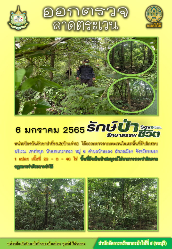วันที่ 6 มกราคม 2565 หน่วยป้องกันรักษาป่าที่ รย.2 (บ้านค่าย) ได้ออกตรวจลาดตระเวนในเขตพื้นที่รับผิดชอบ บริเวณเขาท่าฉุด บ้านตะเกราทอง หมู่ที่ 6 ตำบลบ้านแลง อำเภอเมือง จังหวัดระยอง จำนวน 1 แปลง เนื้อที่ 26-0-40 ไร่ พื้นที่ยังเป็นป่าสมบูรณ์ ไม่พบการกระทำผิดตามกฎหมายว่าด้วยการป่าไม้