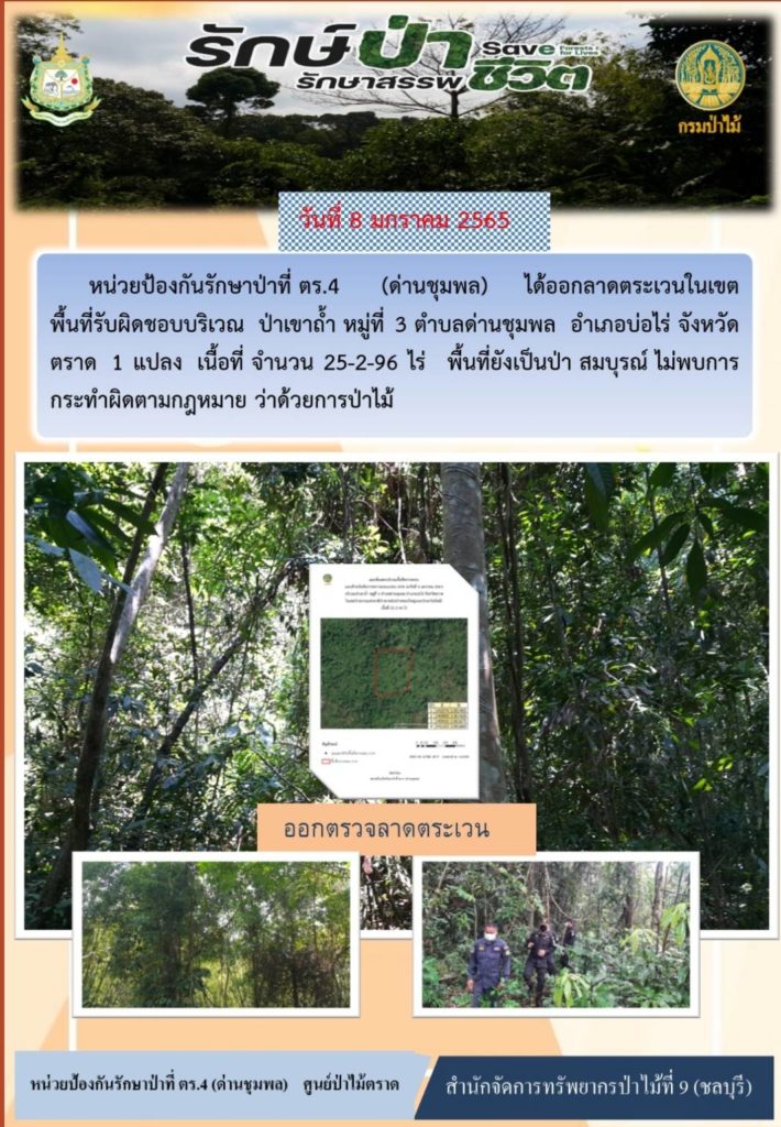 วันที่ 8 มกราคม 2565 หน่วยป้องกันรักษาป่าที่ ตร.4 (ด่านชุมพล) ได้ออกลาดตระเวนในเขตพื้นที่รับผิดชอบ ป่าเขาถ้ำ หมู่ที่ 3 ตำบลด่านชุมพล อำเภอบ่อไร่ จังหวัดตราด จำนวน 1 แปลง เนื้อที่ 25-2-96 ไร่ พื้นที่ยังเป็นป่าสมบูรณ์ ไม่พบการกระทำผิดตามกฎหมายว่าด้วยการป่าไม้