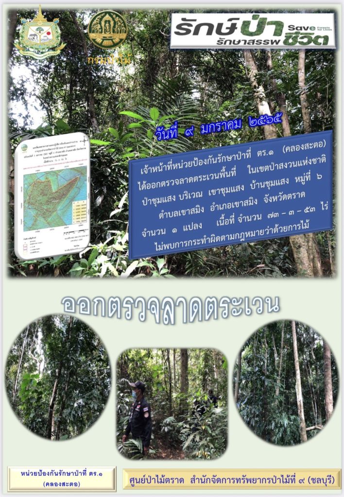 วันที่ 8 มกราคม 2565 เจ้าหน้าที่หน่วยป้องกันรักษาป่าที่ ตร.1 (คลองสะตอ) ได้ออกตรวจลาดตระเวนพื้นที่ในเขตป่าสงวนแห่งชาติป่าชุมแสง บริเวณเขาชุมแสง บ้านชุมแสง หมู่ที่ 6 ตำบลเขาสมิง อำเภอเขาสมิง จังหวัดตราด จำนวน 1 แปลง เนื้อที่ 73-3-53 ไร่ ไม่พบการกระทำผิดตามกฎหมายว่าด้วยการป่าไม้