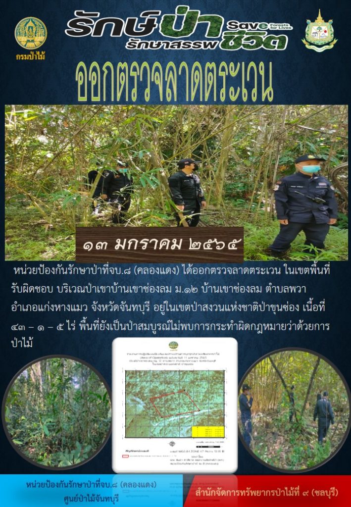 วันที่ 13 มกราคม 2565 หน่วยป้องกันรักษาป่าที่ จบ.8 (คลองแดง) ได้ออกตรวจลาดตระเวนในเขตพื้นที่รับผิดชอบ บริเวณป่าเขาบ้านเขาช่องลม หมู่ที่ 12 บ้านเขาช่องลม ตำบลพวา อำเภอแก่งหางแมว จังหวัดจันทบุรี อยู่ในเขตป่าสงวนแห่งชาติป่าขุนซ่อง เนื้อที่ 43-1-5 ไร่ พื้นที่ยังเป็นป่าสมบูรณ์ ไม่พบการกระทำผิดกฎหมายว่าด้วยการป่าไม้