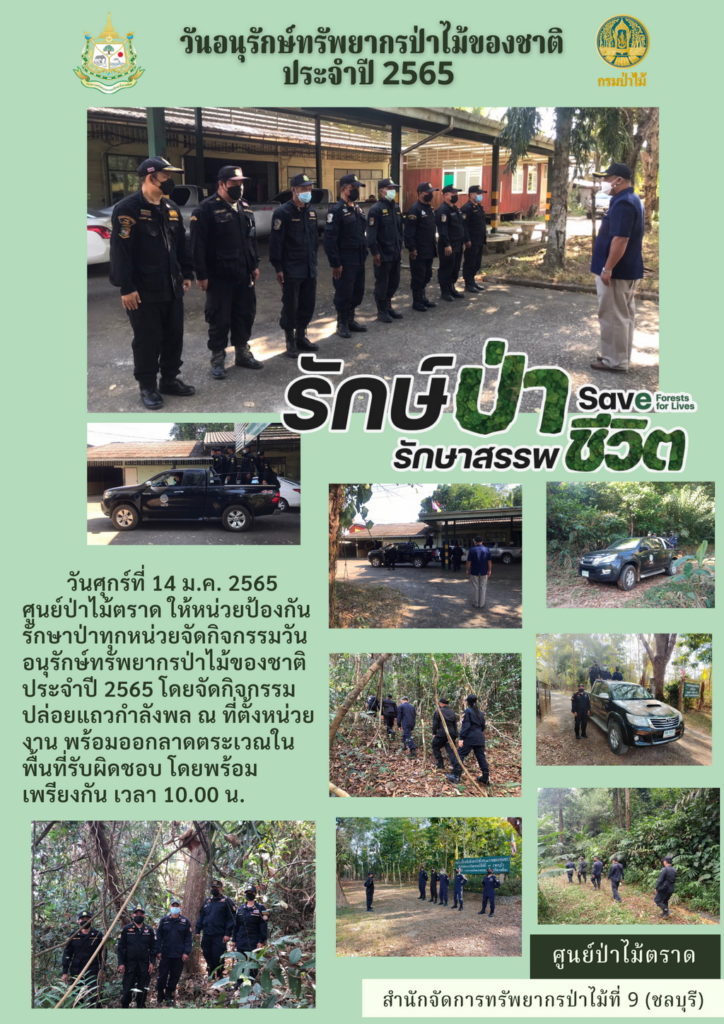 วันที่ 14 มกราคม 2565 ศูนย์ป่าไม้ตราด ให้หน่วยป้องกันรักษาป่าทุกหน่วยจัดกิจกรรมวันอนุรักษ์ทรัพยากรป่าไม้ของชาติ ประจำปี 2565 โดยจัดกิจกรรมปล่อยแถวกำลังพล ณ ที่ตั้งหน่วยงาน พร้อมออกลาดตระเวนในพื้นที่รับผิดชอบ โดยพร้อมเพรียงกัน เวลา 10.00 น.
