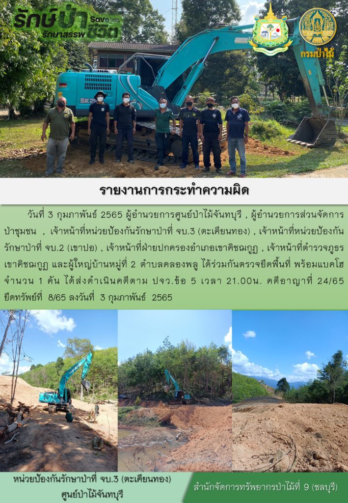 วันที่ 3 กุมภาพันธ์ 2565 ผู้อำนวยการศูนย์ป่าไม้จันทบุรี ผู้อำนวยการส่วนจัดการป่าชุม เจ้าหน้าที่หน่วยป้องกันรักษาป่าที่ จบ.3 (ตะเคียนทอง) เจ้าหน้าที่หน่วยป้องกันรักษาป่าที่ จบ.2 (เขาปอ) เจ้าหน้าที่ฝ่ายปกครองอำเภอเขาคิชฌกูฏ เจ้าหน้าทั้ตำรวจภูธรเขาคิชฌกูฏ และผู้ใหญ่บ้านหมู่ที่ 2 ตำบลคลองพลู ได้ร่วมกันตรวจยึดพื้นที่ พร้อมรถแบคโฮ จำนวน 1 ได้ส่งดำเนินคดีตาม ปจว.ข้อ 5 เวลา 21.00 น. คดีอาญาที่ 24/65 ยึดทรัพย์ที่ 8/65 ลงวันที่ 3 กุมภาพันธ์ 2565