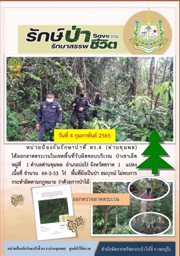 วันที่ 4 กุมภาพันธ์ 2565 หน่วยป้องกันรักษาป่าที่ ตร.4 (ด่านชุมพล) ได้ออกลาดตระเวนในนเขตพื้นที่รับผิดชอบบริเวณ ป่าเขาเอ็ด หมู่ที่ 1 ตำบลด่านชุมพล อำเภอบ่อไร่ จังหวัดตราด จำนวน 1 แปลง เนื้อที่ 66-3-53 ไร่ พื้นที่ยังเป็นป่าสมบูรณ์ ไม่พบการกระทำผิดตามกฎหมายว่าด้วยการป่าไม้