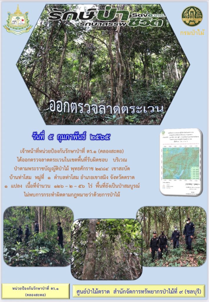 วันที่ 5 กุมภาพันธ์ 2565 เจ้าหน้าที่หน่วยป้องกันรักษาป่าที่ ตร.1 (คลองสะตอ) ได้ออกตรวจลาดตระเวนในเขตพื้นที่รับผิดชอบตามพระราชบัญญัติป่าไม้ พุทธศักราช 2484 บริเวณเขาสะบัด บ้านท่าโสม หมู่ที่ 1 ตำบลท่าโสม อำเภอเขาสมิง จังหวัดตราด จำนวน 1 แปลง เนื้อที่ 126-2-56 ไร่ พื้นที่ยังเป็นป่าสมบูรณ์ ไม่พบการกระทำผิดตามกฎหมายว่าด้วยการป่าไม้