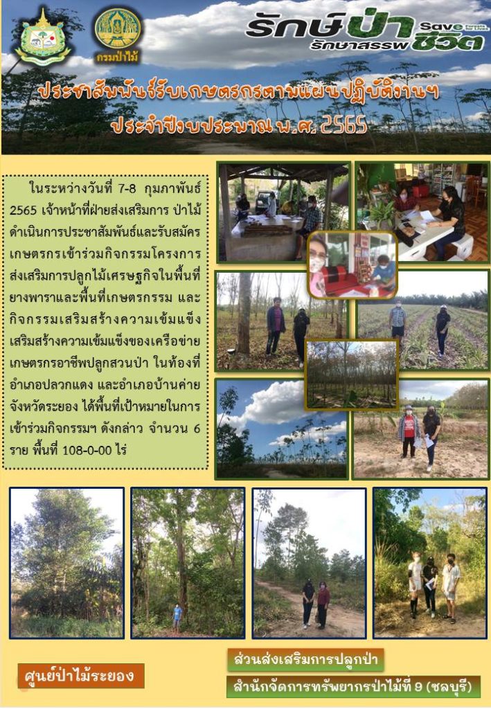 วันที่ 7-8 กุมภาพันธ์ 2565 เจ้าหน้าที่ฝ่ายส่งเสริมการป่าไม้ดำเนินการประชาสัมพันธ์และรับสมัครเกษตรกรเข้าร่วมกิจกรรมโครงการส่งเสริมการปลูกไม้เศรษฐกิจในพื้นที่ยางพาราและพื้นที่เกษตรกรรม และกิจกรรมเสริมสร้างความเข้มแข็งของเครือข่ายเกษตรกรอาชีพปลูกสวนป่า ในท้องที่อำเภอปลวกแดง และเภอบ้านค่าย จังหวัดระยอง ได้พื้นที่เป้าหมายในการเข้าร่วมกิจกรรมฯ ดังกล่าว จำนวน 6 ราย พื้นที่ 108-0-00 ไร่