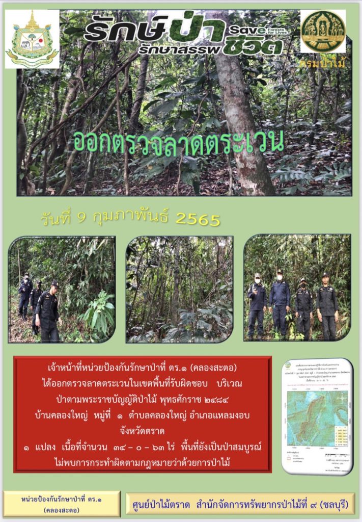 วันที่ 9 กุมภาพันธ์ 2565 เจ้าหน้าที่หน่วยป้องกันรักษาป่าที่ ตร.1 (คลองสะตอ) ได้ออกตรวจลาดตระเวนในเขชตพื้นที่รับผิดชอบ ตามพระราชบัญญัติปป่าไม้ พุทธศักราช 2484 บริเวณบ้านคลองใหญ่ หมู่ที่ 1 ตำบลคลองใหญ่ อำเภอแหลมงองบ จังหวัดตราด จำนวน 1 แปลง เนื้อที่ 34-0-63 ไร่ พื้นที่ยังเป็นป่าสมบูรณ์ ไม่พบการกระทำผิดตามกฎหมายว่าด้วยการป่าไม้