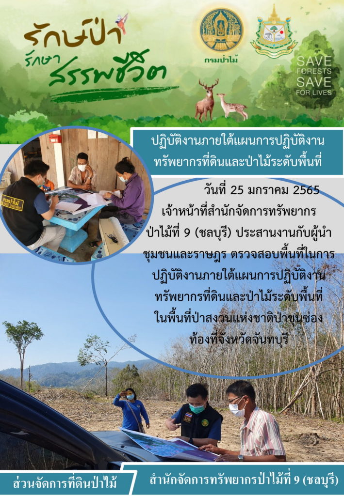 วันที่ 25 มกราคม 2565 เจ้าหน้าที่สำนักจัดการทรัพยากรป่าไม้ที่ 9 (ชลบุรี) ประสานงานกับผู้นำชุมชนและราษฎร ตรวจสอบพื้นที่ในการปฏิบัติานภายใต้แผนการปฏิบัติงานทรัพยากรที่ดินและป่าไม้ระดับพื้นที่ในพื้นที่ป่าสงวนแห่งชาติป่าขุนซ่อง ท้องที่จังหวัดจันทบุรี