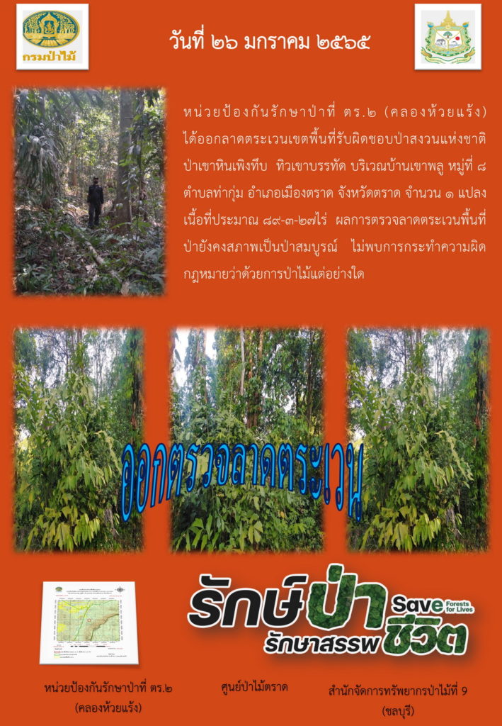 วันที่ 26 มกราคม 2565 หน่วยป้องกันรักษาป่าที่ ตร.2 (คลองห้วยแร้ง) ได้ออกลาดตระเวนเขตพื้นที่รับผิดชอบป่าสงวนแห่งชาติป่าเขาหินเพิงทึบ ทิวเขาบรรทัด บริเวณบ้านเขาพลู หมู่ที่ 8 ตำบลท่ากุ่ม อำเภอเมืองตราด จังหวัดตราด จำนวน 1 แปลง เนื้อที่ประมาณ 89-3-27 ไร่ ผลการตรวจลาดตระเวน พื้นที่ป่ายังคงสภาพเป็นป่าสมบูรณ์ ไม่ พบการกระทำความผิดตามกฎหมายว่าด้วยการป่าไม้แต่อย่างใด