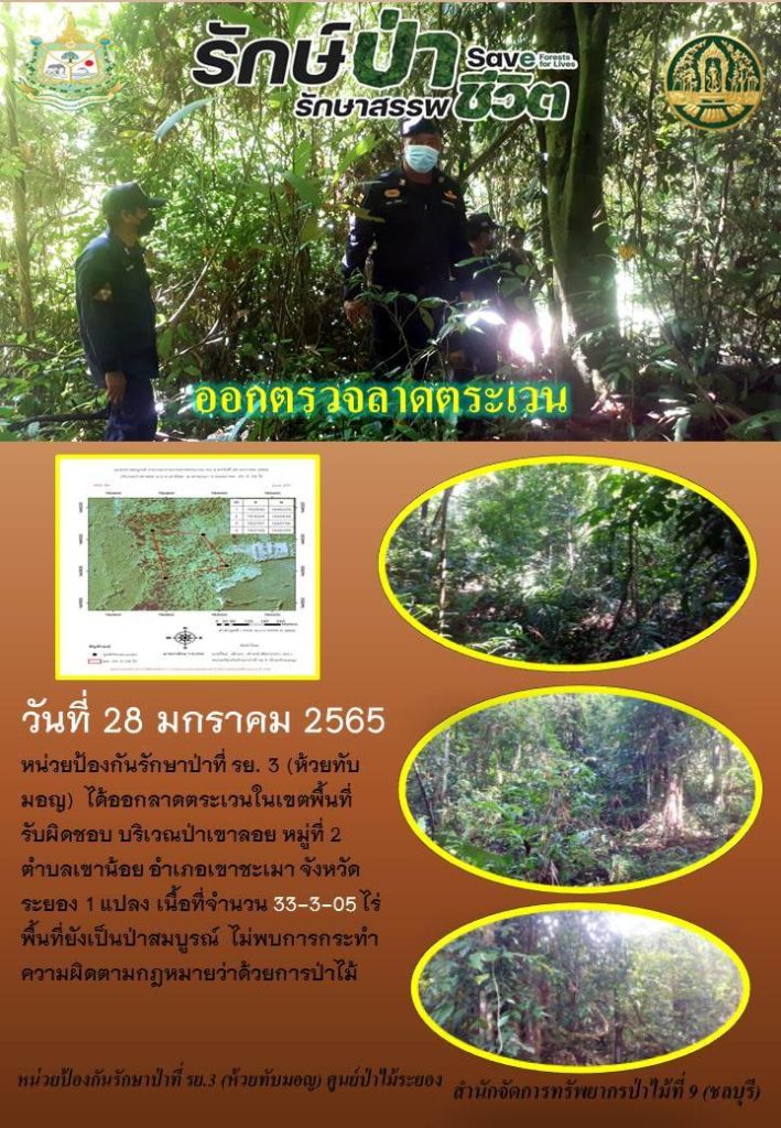 วันที่ 28 มกราคม 2565 หน่วยป้องกันรักษาป่าที่ รย.3 (ห้วยทับมอญ) ได้ออกลาดตระเวนในเขตพื้นที่รับผิดชอบ บริเวณป่าเขาลอย หมู่ที่ 2 ตำบลเขาน้อย อำเภอเขาชะเมา จังหวัดระยอง จำนวน 1 แปลง เนื้อที่ 33-3-05 ไร่ พื้นที่ยังเป็นป่าสมบูรณ์ ไม่พบการกระความทำผิดตามกฎหมายว่าด้วยการป่าไม้