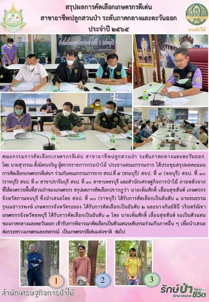 วันที่ 28 มกราคม 2565 คณะกรรมการคัดเลือกเกษตรกรดีเด่น สาขาอาชีพปลูกสวนป่าระดับภาคกลางและภาคตะวันออก นำโดยนายสุวรรณ ตั้งมิตรเจริญ ผู้ตรวจราชการกรมป่าไม้ ประธานคณะกรรมการ ร่วมกับคณะกรรมการจาก สจป.ที่ 5 (สระบุรี) สจป.ที่ 9 (ชลบุรี) สจป.ที่ 10 (ราชบุรี) สจป.ที่ 9 สาขาปราจีนบุรี สจป.ที่ 10 สาขาเพชรบุรี และสำนักเศษรฐกิจการป่าไม้ ภายหลังได้ลงพื้นที่สวนป่าของเกษตรกร สรุปผลการคัดเลือกปรากฎว่า นายเพิ่มศักดิ์ เลื่อนสุขสันต์ เกษตรกรจังหวัดกาญจนบุรี ซึ่งนำเสนอโดย สจป.ที่ 10 (ราชบุรี) ได้รับคัดเลือกเป็นอันดับ 1 นายธนธรรม รุจเมธาวรพงษ์ เกษตรกรจังหวัดระยอง ได้รับคัดเลือกเป็นอันดับที่ 2 และนางกันย์สินี วรินทร์ณิชา เกษตรกรจังหวัดลพบุรี ได้รับคัดเลือกเป็นอันดับที่ 3 โดยนายเพิ่มศักดิ์ เลื่อนสุขสันต์ จะเป็นตัวแทนของภาคกลางและภาคตะวันออก เข้ารับการพิจารณาคัดเลือกเป็นตัวแทนระดับกรมร่วมกับภาคอื่น ๆ เพื่อนำเสนอต่อกระทรวงเกษตรและสหกรณ์ เป็นเกษตรกรดีเด่นแห่งชาติ ต่อไป