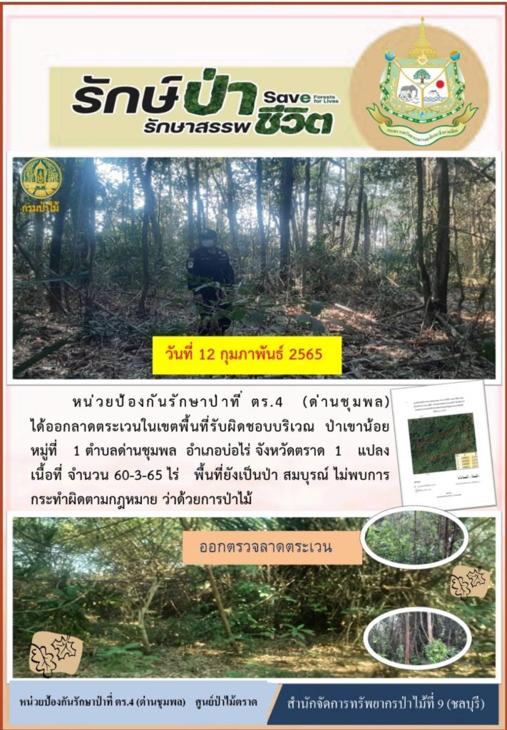วันที่ 12 กุมภาพันธ์ 2565 หน่วยป้องกันรักษาป่าที่ ตร.4 (ด่านชุมพล) ได้ออกลาดตระเวนในเขตพื้นที่รับผิดชอบบริเวณป่าเขาน้อย หมู่ที่ 1 ตำบลด่านชุมพล อำเภอบ่อไร่ จังหวัดตราด จำนวน 1 แปลง เนื้อที่ 60-3-65 ไร่ พื้นที่ยังเป็นป่าสมบูรณ์ ไม่พบการกระทำผิดตามกฎหมายว่าด้วยการป่าไม้