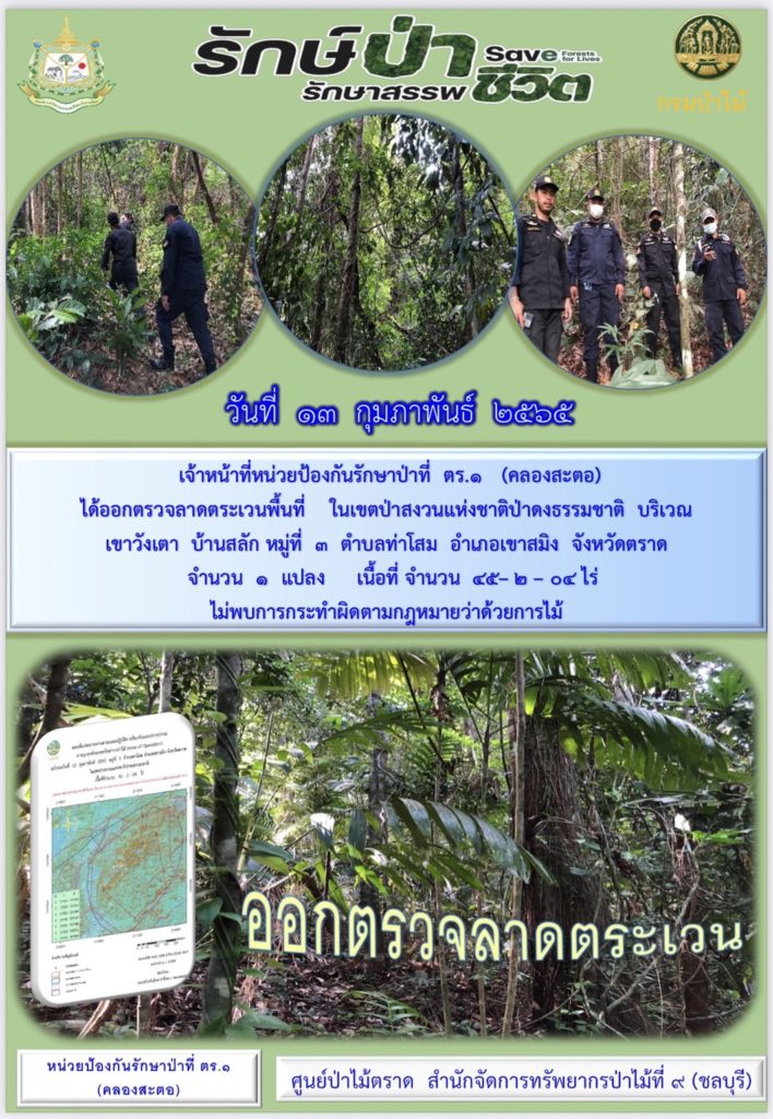วันที่ 13 กุมภาพันธ์ 2565 เจ้าหน้าที่หน่วยป้องกันรักษาป่าที่ ตร.1 (คลองสะตอ) ได้ออกตรวจลาดตระเวนพื้นที่ในเขตป่าสงวนแห่งชาติป่าดงธรรมชาติ บริเวณเขาวังเตา บ้านสลัก หมู่ที่ 3 ตำบลท่าโสม อำเภอเขาสมิง จังหวัดตราด จำนวน 1 แปลง เนื้อที่ 45-2-04 ไร่ ไม่พบการกระทำผิดตามกฎหมายว่าด้วยการป่าไม้