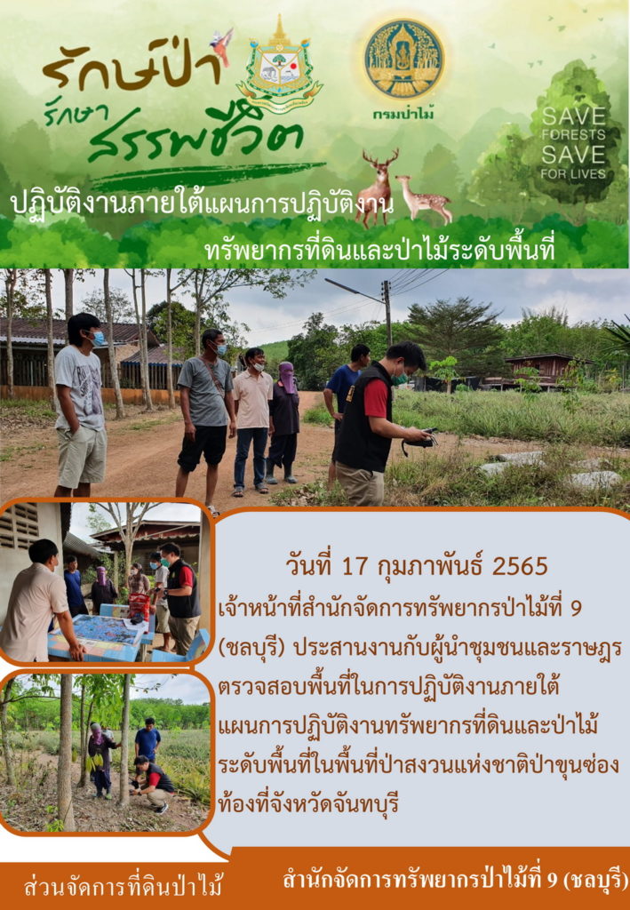 วันที่ 17 กุมภาพันธ์ 2565 เจ้าหน้าที่สำนักจัดการทรัพยากรป่าไม้ที่ 9 (ชลบุรี ประสานงานกับผู้นำชุมชนและราษฎร ตรวจสอบพื้นที่ในการปฏิบัติงานภายใต้แผนการปฏิบัติงานทรัพยากรที่ดินและป่าไม้ระดับพื้นที่ ในพื้นที่ป่าสงวนแห่งชาติป่าขุนซ่อง ท้องที่จังหวัดจันทบุรี