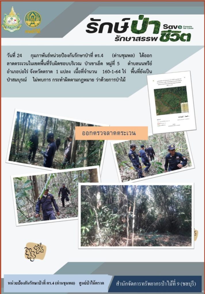 วันที่ 24 กุมภาพันธ์ 2565 หน่วยป้องกันรักษาป่าที่ ตร.4 (ด่านชุมพล) ได้ออกลาดตระเวนในเขตพื้นที่รับผิดชอบ บริเวณป่าเขาเอ็ด หมู่ที่ 5 ตำบลนนทรีย์ อำเภอบ่อไร่ จังหวัดตราด จำนวน 1 แปลง เนื้อที่ 160-1-64 ไร่ พื้นที่ยังเป็นป่าสมบูรณ์ ไม่พบการกระทำผิดตามกฎหมายว่าด้วยการป่าไม้