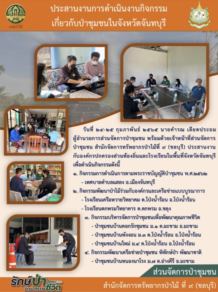 วันที่ 24-25 กุมภาพันธ์ 2565 นายคำรณ เลียดประถม ผู้อำนวยการส่วนจัดการป่าชุมชน พร้อมด้วยเจ้าหน้าที่ส่วนจัดการป่าชุมชน สำนักจัดการทรัพยากรป่าไม้ที่ 9 (ชลบุรี) ประสานงานกับองค์กรปกครองส่วนท้องถิ่นและโรงเรียนในพื้นที่จังหวัดจันทบุรีเพื่อดำเนินกิจกรรมดังนี้ 1 กิจกรรมการดำเนินการตามพระราชบัญญัติป่าชุมชน พ.ศ. 2562 เทศบาลตำบลแสลง อำเภอเมืองจันทบุรี 2 กิจกรรมพัฒนาป่าไม้ร่วมกับองค์กรและเครือข่ายแบบบูรณาการ โรงเรียนเครือหวายวิทยาคม ตำบลโป่งน้ำร้อน อำเภอโป่งน้ำร้อน โรงเรียนตกพรมวิทยาคาร ตำบลตกพรม อำเภอขลุง 3 กิจกรรมบริหารจัดการป่าชุมชนเพื่อพัฒนาคุณภาพชีวิต ป่าชุมชนบ้านคอกรักชุมชน หมู่ที่ 1 ตำบลมะขาม อำเภอมะขาม ป่าชุมชนบ้านพังงอน หมู่ที่ 3 ตำบลโป่งน้ำร้อน อำเภอโป่งน้ำร้อน 4 กิจกรรมพัฒนาเครือข่ายป่าชุมชน พิทักษ์ป่า พัฒนาชาติ ป่าชุมชนบ้านหนองนาโรง หมู่ที่ 7 ตำบลอ่างคีรี อำเภอมะขาม