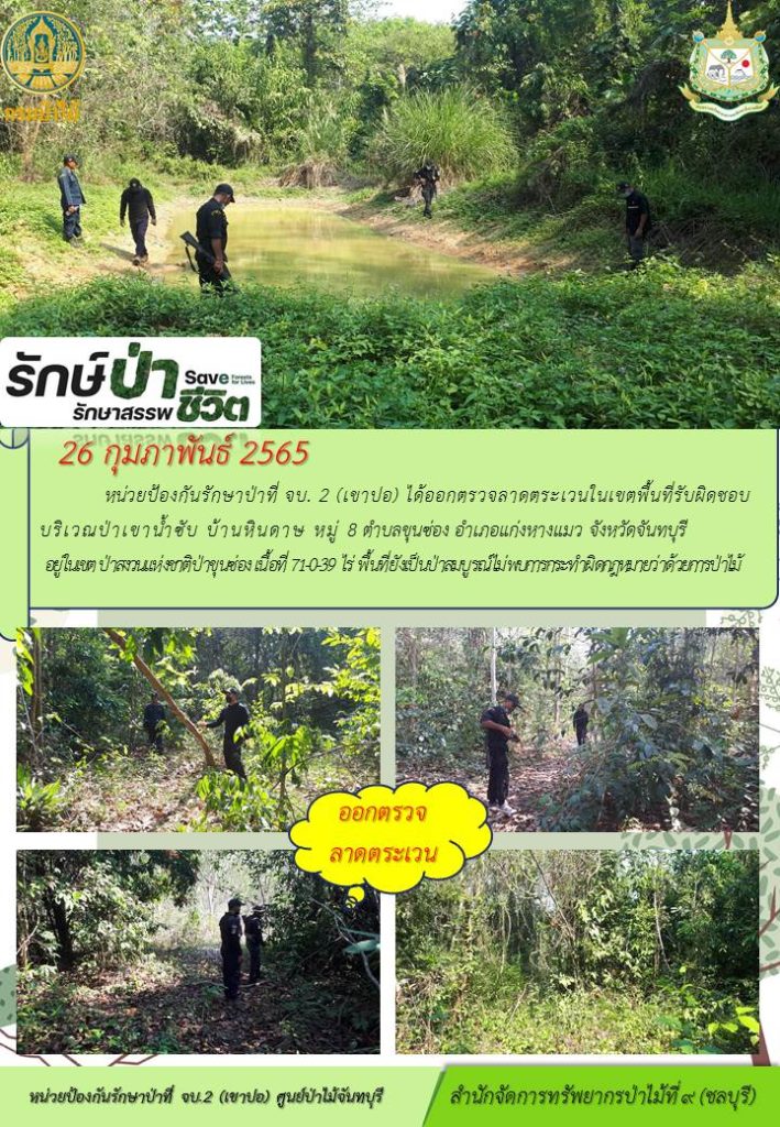 วันที่ 26 กุมภาพันธ์ 2565 หน่วยป้องกันรักษาป่าที่ จบ.2 (เขาปอ) ได้ออกตรวจลาดตระเวนในเขตพื้นที่รับผิดชอบ บริเวณป่าเขาน้ำซับ บ้านหินดาษ หมู่ที่ 8 ตำบลขุนซ่อง อำเภอแก่งหางแมว จังหวัดจันทบุรี อยู่ในนเขตป่าสงวนแห่งชาติป่าขุนซ่อง เนื้อที่ 71-0-39 ไร่ พื้นที่ยังเป็นป่าสมบูรณ์ ไม่พบการกระทำผิดกฎหมายว่าด้วยการป่าไม้