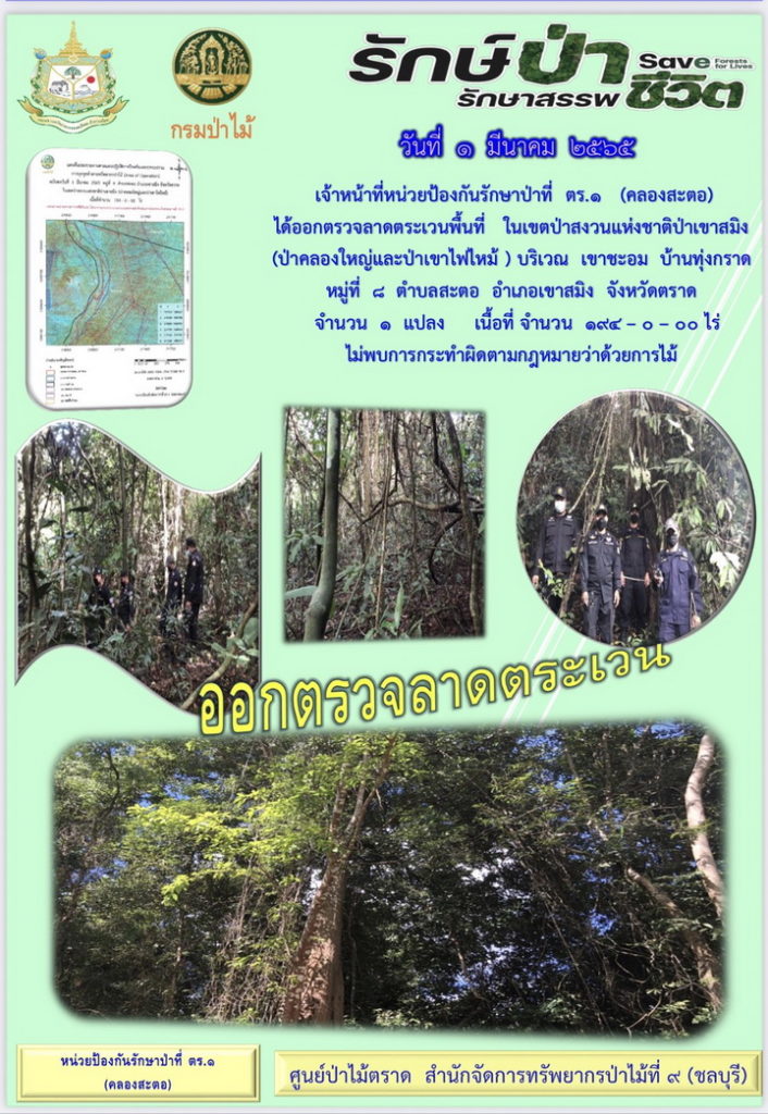 วันที่ 1 มีนาคม 2565 เจ้าหน้าที่หน่วยป้องกันรักษาป่าที่ ตร.1 (คลองสะตอ) ได้ออกตรวจลาดตระเวนพื้นที่ในเขตป่าสงวนแห่งชาติป่าเขาสมิง (ป่าคลองใหญ่และป่าเขาไฟไหม้) บริเวณเขาชะอม บ้านทุ่งกราด หมู่ที่ 8 ตำบลสะตอ อำเภอเขาสมิง จังหวัดตราด จำนวน 1 แปลง เนื้อที่ 194-0-00 ไร่ ไม่พบการกระทำผิดตามกฎหมายว่าด้วยการป่าไม้