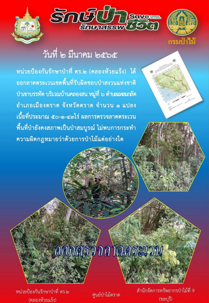 วันที่ 2 มีนาคม 2565 หน่วยป้องกันรักษาป่าที่ ตร.2 (คลองห้วยแร้ง) ได้ออกลาดตระเวนเขตพื้นที่รับผิดชอบป่าสงวนแห่งชาติป่าเขาบรรทัด บริเวณบ้านคลองสน หมู่ที่ 6 ตำบลแหลมกลัด อำเภอเมืองตราด จังหวัดตราด จำนวน 1 แปลง เนื้อที่ 50-1-43 ไร่ ผลการตรวจลาดตระเวน พื้นที่ป่ายังคงสภาพเป็นป่าสมบูรณ์ ไม่พบการกระทำความผิดตามกฎหมายว่าด้วยการป่าไม้แต่อย่างใด