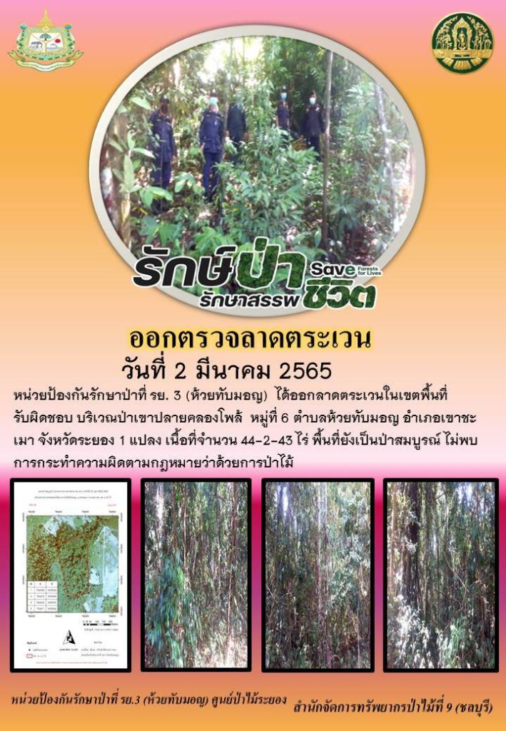 วันที่ 2 มีนาคม 2565 หน่วยป้องกันรักษาป่าที่ รย.2 (ห้วยทับมอญ) ได้ออกลาดตระเวนในเขตพื้นที่รับผิดชอบ บริเวณป่าเขาปลายคลองโพล้ หมู่ที่ 6 ตำบลห้วยทับมอญ อำเภอเขาชะเมา จังหวัดระยอง จำนวน 1 แปลง เนื้อที่ 44-2-43 ไร่ พื้นที่ยังเป็นป่าสมบูรณ์ ไม่พบการกระทำความผิดตามกฎหมายว่าด้วยการป่าไม้