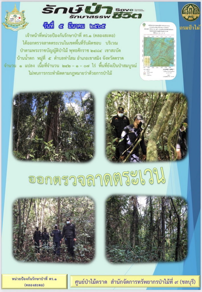 วันที่ 5 มีนาคม 2565 เจ้าหน้าที่หน่วยป้องกันรักษาป่าที่ ตร.1 (คลองสะตอ) ได้ออกตรวจลาดตระเวนในเขตพื้นที่รับผิดชอบ บริเวณป่าตามพระราชบัญญัติป่าไม้ พุทธศักราช 2484 เขาสะบัด บ้านน้ำตก หมู่ที่ 5 ตำบลท่าโสม อำเภอเขาสมิง จังหวัดตราด จำนวน 1 แปลง เนื้อที่ 242-1-07 ไร่ พื้นที่ยังเป็นป่าสมบูรณ์ ไม่พบการกระทำผิดตามกฎหมายว่าด้วยการป่าไม้