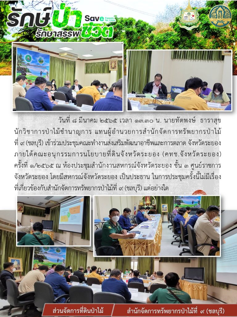 วันที่ 8 มีนาคม 2565 เวลา 13.30 น. นายทัตพงษ์ ธาราสุข นักวิชาการป่าไม้ชำนาญการ แทนผู้อำนวยการสำนักจัดการทรัพยากรป่าไม้ที่ 9 (ชลบุรี) เข้าร่วมประชุมคณะทำงานส่งเสริมพัฒนาอาชีพและการตลาด จังหวัดระยอง ภายใต้คณะอนุกรรมการนโยบายที่ดินจังหวัดระยอง (คทช.จังหวัดระยอง) ครั้งที่ 1/2565 ณ ห้องประชุมสำนักงานสหกรณ์จังหวัดระยอง ชั้น 3 ศูนย์ราชการจังหวัดระยอง โดยมีสหกรณ์จังหวัดระยองเป็นประธาน ในการประชุมครั้งนี้ไม่มีเรื่องที่เกี่ยวข้องกับสำนักจัดการทรัพยากรป่าไม้ที่ 9 (ชลบุรี) แต่อย่างใด
