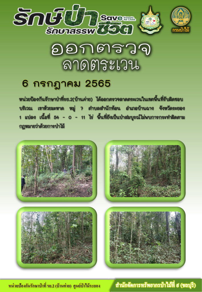 วันที่ 6 กรกฎาคม 2565 หน่วยป้องกันรักษาป่าที่ รย.2 (บ้านค่าย) ได้ออกตรจลาดตระเวนในเขตพื้นที่รับผิดชอบ บริเวณเขาห้วยมะหาด หมู่ที่ 7 ตำบลสำนักท้อน อำเภอบ้านฉาง จังหวัดระยอง จำนวน 1 แปลง เนื้อที่ 54-0-11 ไร่ พื้นที่ยังเป็นป่าสมบูรณ์ ไม่พบการกระทำผิดตามกฎหมายว่าด้วยการป่าไม้