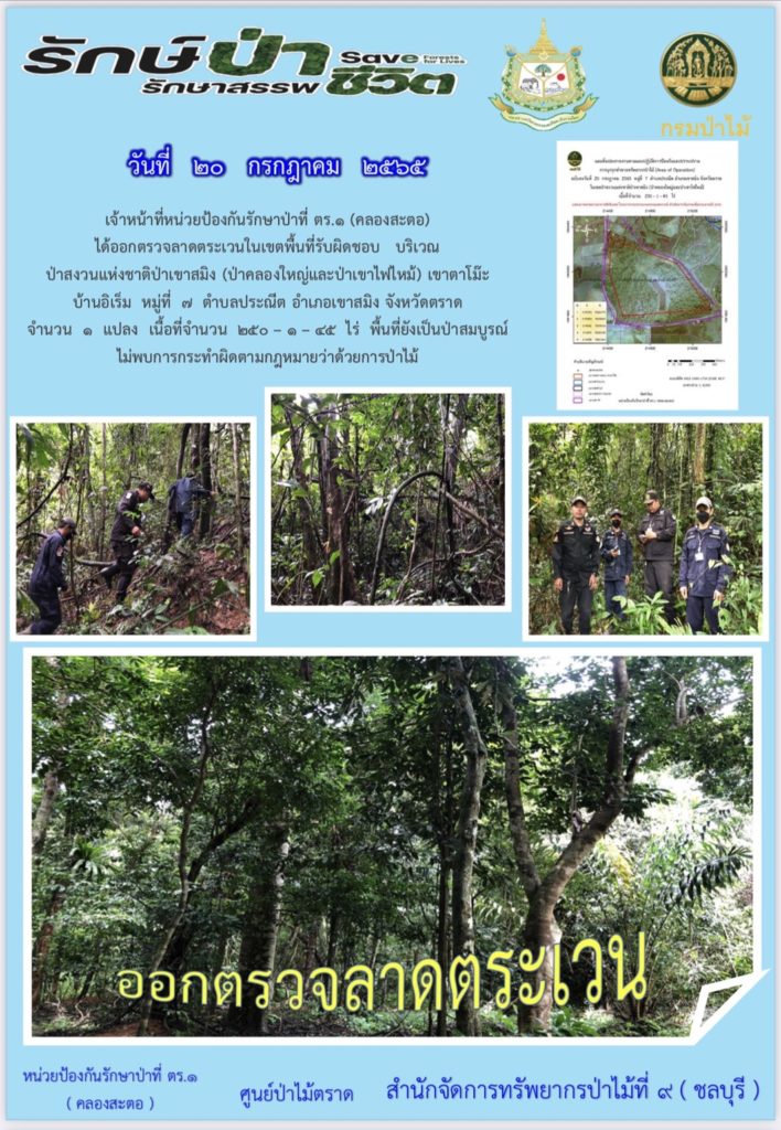 วันที่ 20 กรกฎาคม 2565 เจ้าหน้าที่หน่วยป้องกันรักษาป่าที่ ตร.1 (คลองสะตอ) ได้ออกตรวจลาดตระเวนในเขตพื้นที่รับผิดชอบ บริเวณป่าสงวนแห่งชาติป่าเขาสมิง (ป่าคลองใหญ่และป่าเขาไฟไหม้) เขาตาโม๊ะ บ้านอิเร็ม หมู่ที่ 7 ตำบลประณีต อำเภอเขาสมิง จังหวัดตราด จำนวน 1 แปลง เนื้อที่ 250-1-45 ไร่ พื้นที่ยังเป็นป่าสมบูรณ์ ไม่พบการกระทำผิดตามกฎหมายว่าด้วยการป่าไม้