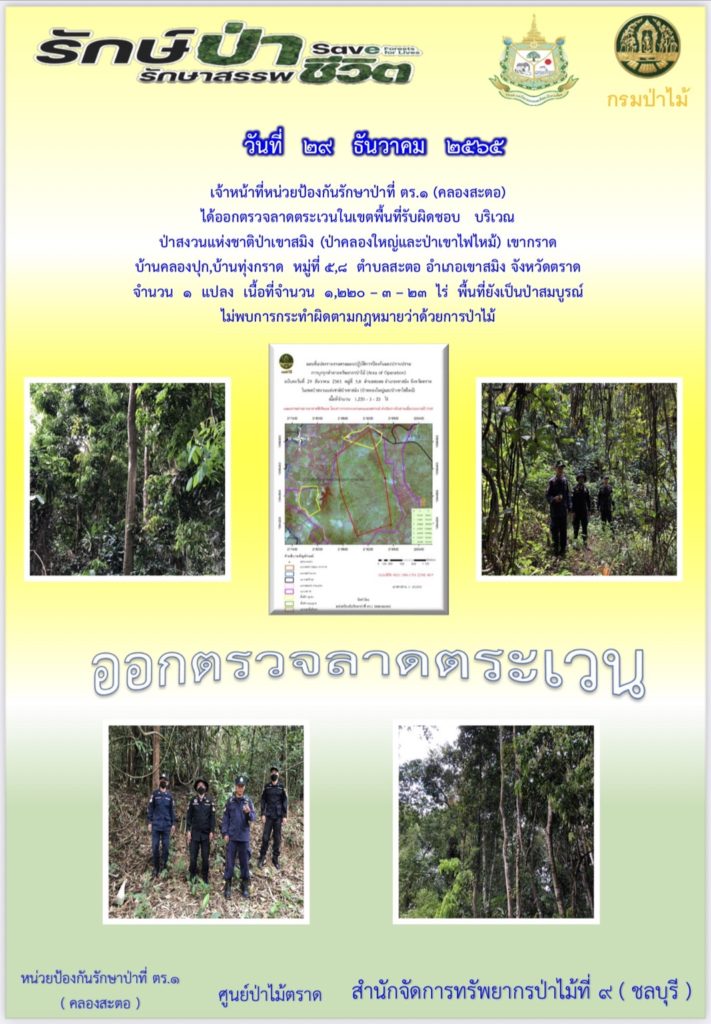 วันที่ 29 ธันวาคม 2565 เจ้าหน้าที่หน่วยป้องกันรักษาป่าที่ ตร.1 (คลองสะตอ) ได้ออกตรวจลาดตะเวนในเขตพื้นที่รับผิดชอบ บริเวณป่าสงวนแห่งชาติป่าเขาสมิง (ป่าคลองใหญ่และป่าเขาไฟไหม้) เขากราด บ้านคลองปุก บ้านทุ่งกราด หมู่ที่ 5,8 ตำบลสะตอ อำเภอเขาสมิง จังหวัดตราด จำนวน 1 แปลง เนื้อที่ 1,220-3-23 ไร่ พื้นที่ยังเป็นป่าสมบูรณ์ ไม่พบการกระทำผิดตามกฎหมายว่าด้วยการป่าไม้