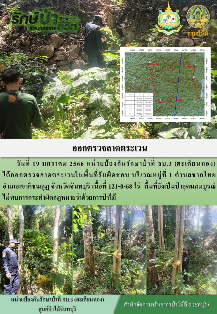 วันที่ 19 มกราคม 2566 หน่วยป้องกันรักษาป่าที่ จบ.3 (ตะเคียนทอง) ได้ออกตรวจลาดตระเวนในพื้นที่รับผิดชอบ บริเวณหมู่ที่ 1 ตำบลชากไทย อำเภอเขาคิชฌกูฏ จังหวัดจันทบุรี เนื้อที่ 121-0-68 ไร่ พื้นที่ยังเป็นป่าสมบูรณ์ ไม่พบการกระทำผิดกฎหมายว่าด้วยการป่าไม้